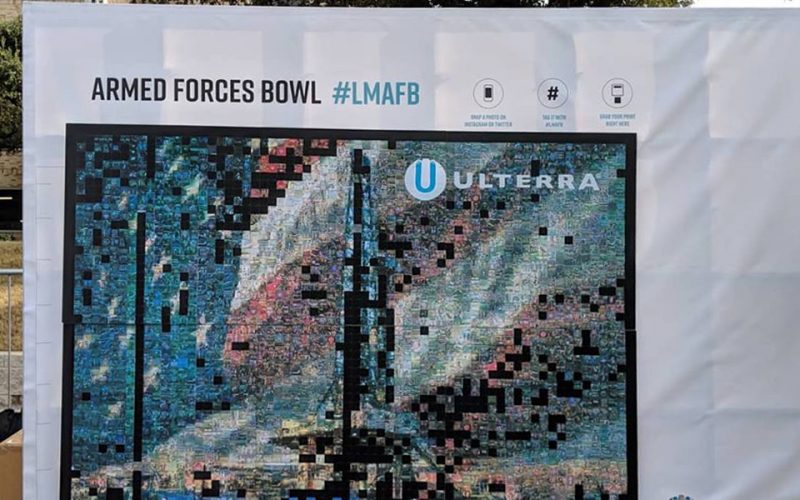 Banner for Ulterra’s sponsorship of the Armed Forces Bowl showing a flag and a drilling rig